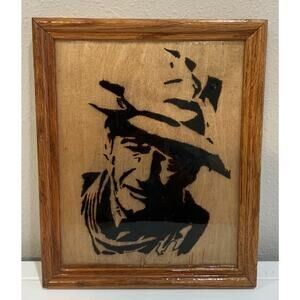 Vtg Handmade Burnt Wood Portrait John Wayne Framed W Resin Overlay 11” X 9”
